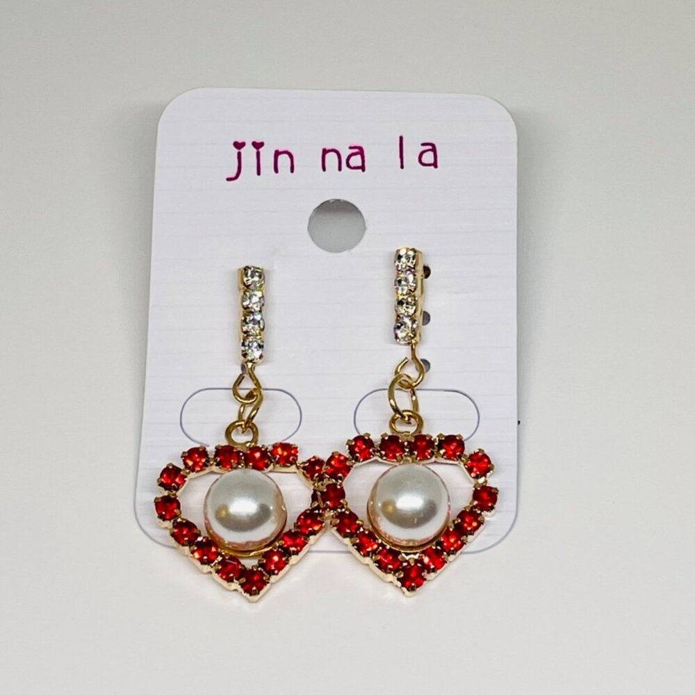 Earrings 1.5 in Red Rhinestone Heart Pearl Dangle Goldtone Accessories